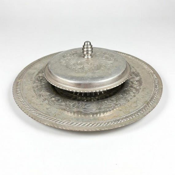Vintage Wilson Specialties hand-wrought aluminum plate and glass covered butter/condiment dish