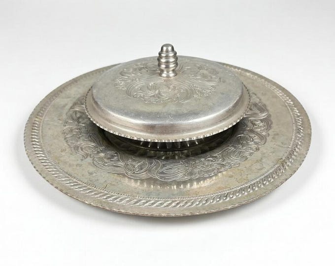Vintage Wilson Specialties hand-wrought aluminum plate and glass covered butter/condiment dish