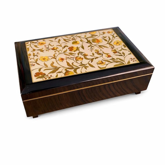 Vintage Otagiri Lacquer Music Jewelry Box: Floral Inlay, Plays "The Look of Love"