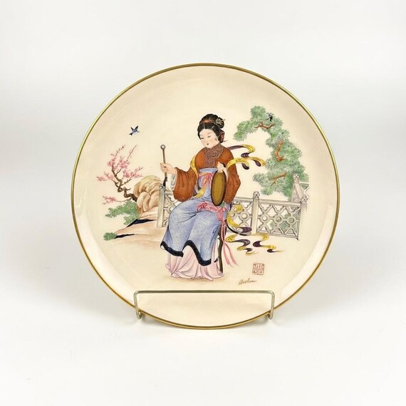 Vintage Boehm Porcelain Plate, "Gong" Musical Maiden, 24K Gold