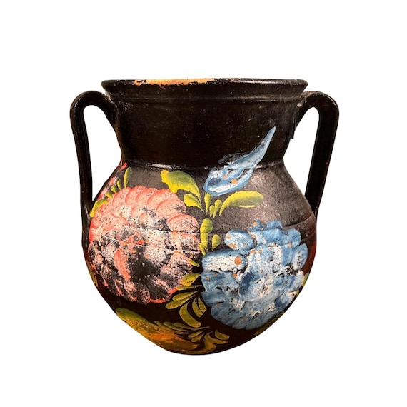 Vintage Hand Painted Terracotta Vase Double Handle Black Floral Folk Art Pitcher