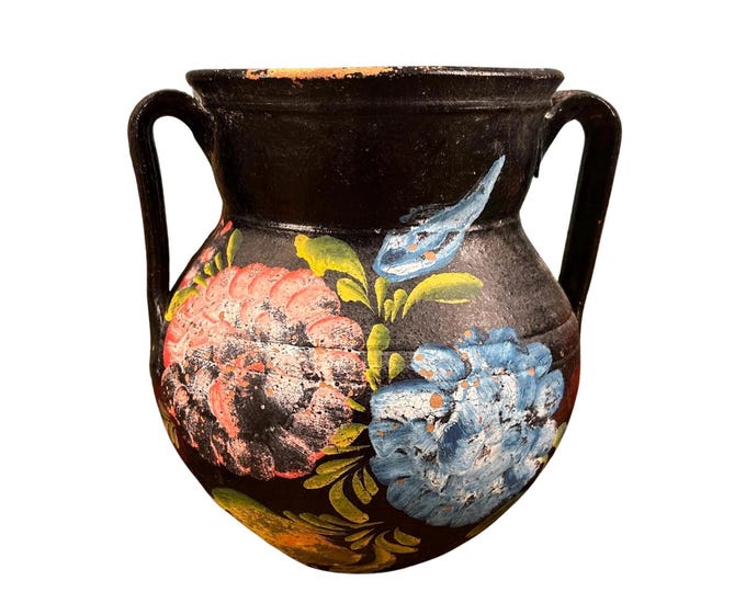 Vintage Hand Painted Terracotta Vase Double Handle Black Floral Folk Art Pitcher