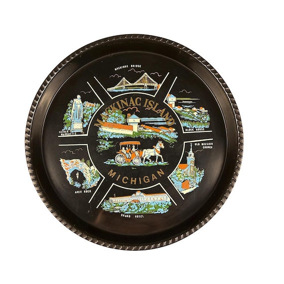 Vintage Mackinac Island Michigan Souvenir MCM Black Round Tray - Travel Collectible