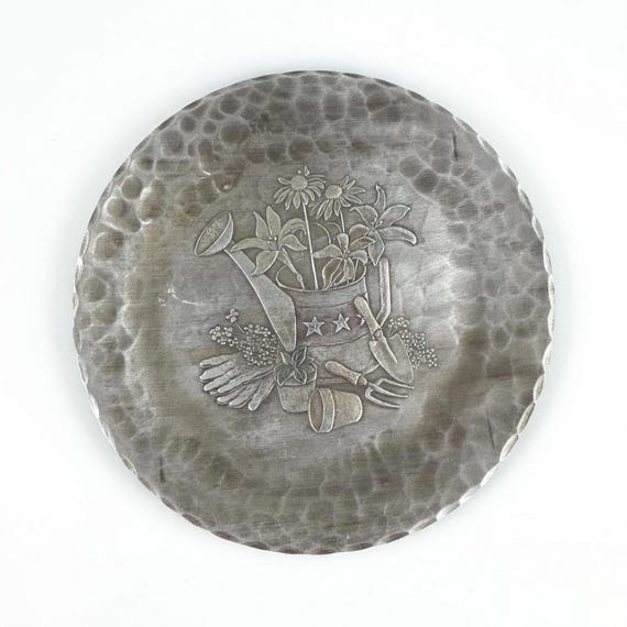 Vintage Recycled Hammered Aluminum Plate with Gardening Motif - American Forging LLC