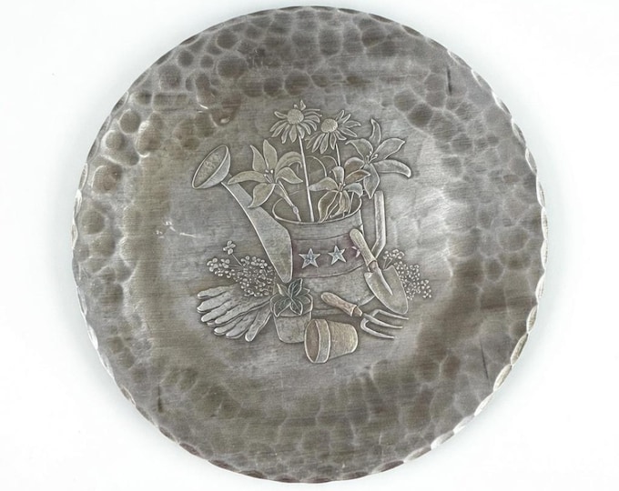 Vintage Recycled Hammered Aluminum Plate with Gardening Motif - American Forging LLC