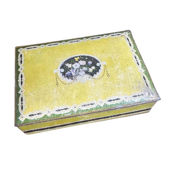 Antique 1920s Nabisco Uneeda Biscuit Tin | Art Deco Yellow & Black Floral Hinged Cookie Canister