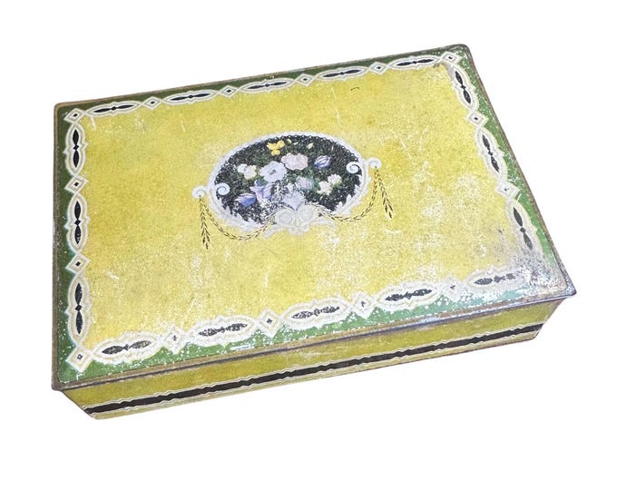 Antique 1920s Nabisco Uneeda Biscuit Tin | Art Deco Yellow & Black Floral Hinged Cookie Canister