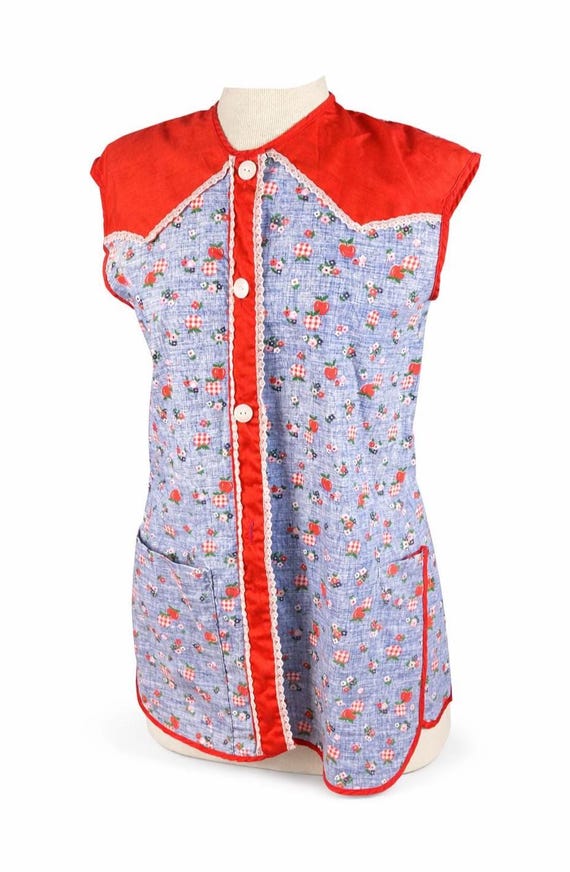 Vintage Handmade Cotton Apron Smock 1960s-70s Button Up Farmhouse Cottage Core Blue Red