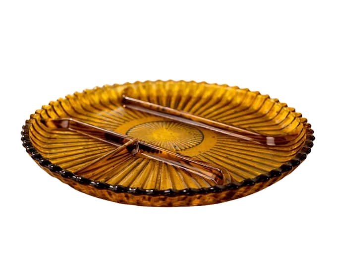 Indiana Glass Co Amber Glass Divided Relish Platter Plate Tray
