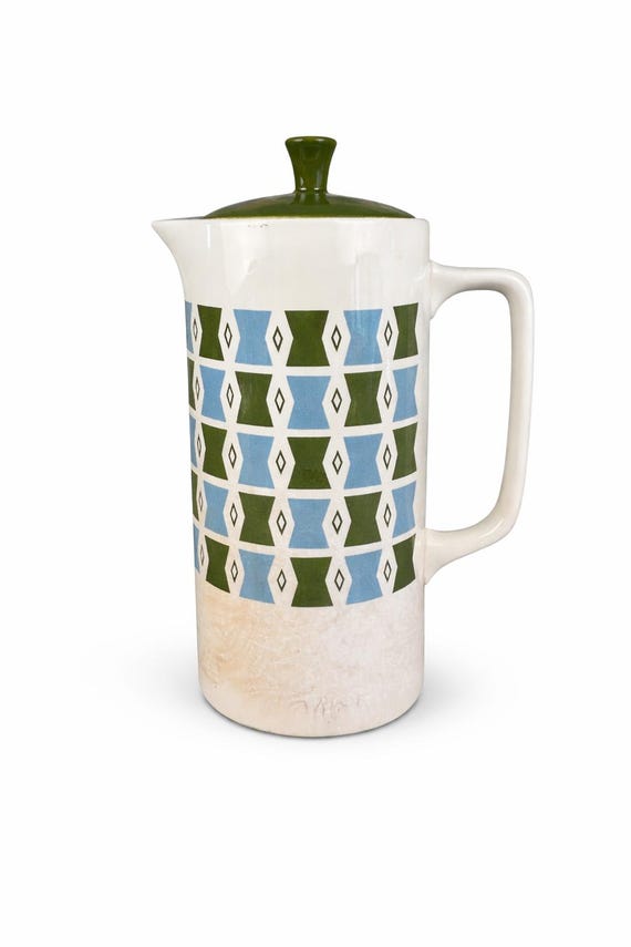 Vintage Harmony House Malibu Pitcher, MCM Blue Green Geometric Ceramic (1960s)
