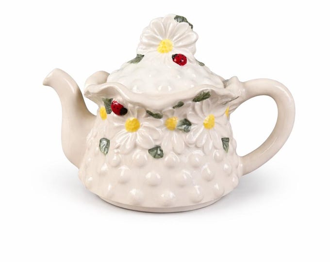 Vintage Hobnail Teapot with Daisies and Ladybugs – Cottagecore Ceramic Decor