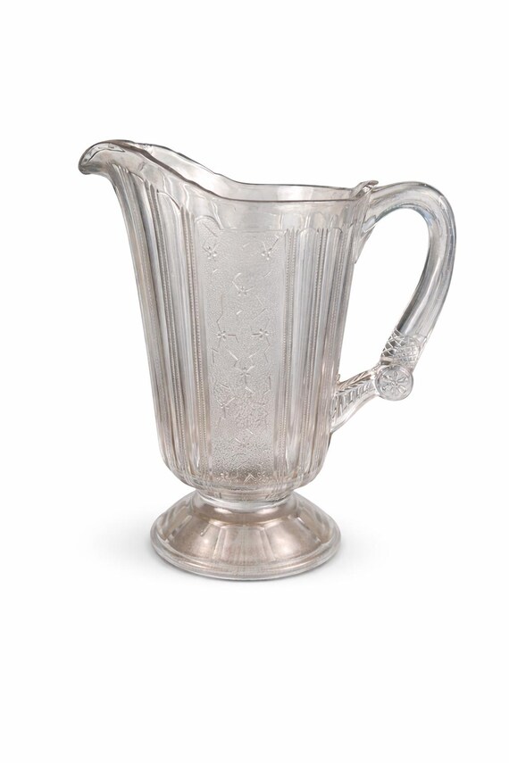 Antique EAPG Water Pitcher c.1883 | Bryce Higbee Rival (Sprig) Pattern | UV Reactive Glass