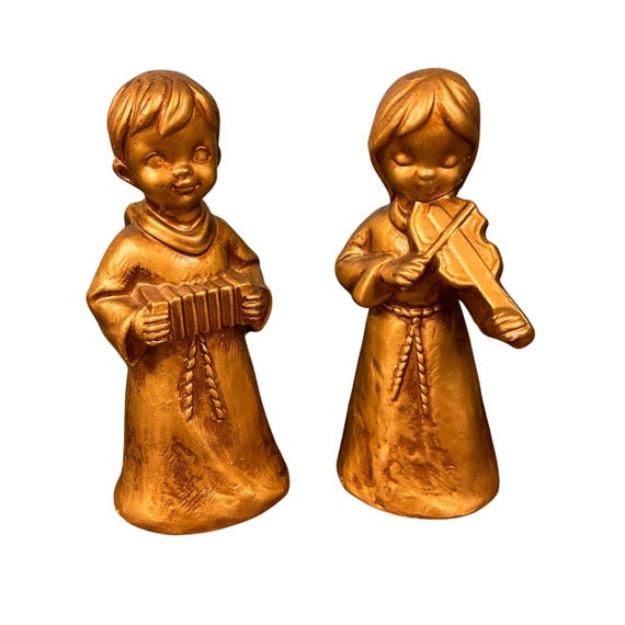 Vintage Brinn's Gold Angel Musician Figurines Boy and Girl 60s-70s