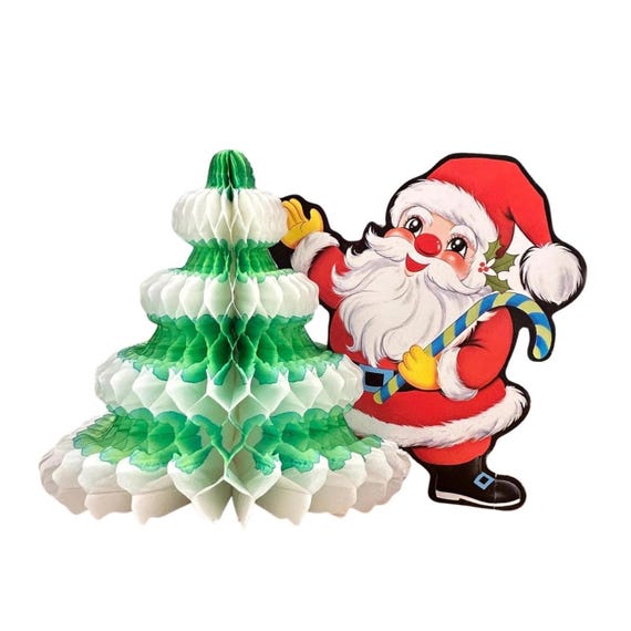 Vintage Honeycomb Paper Christmas Tree & Santa Decoration | Green and White Fold-Out Holiday Decor
