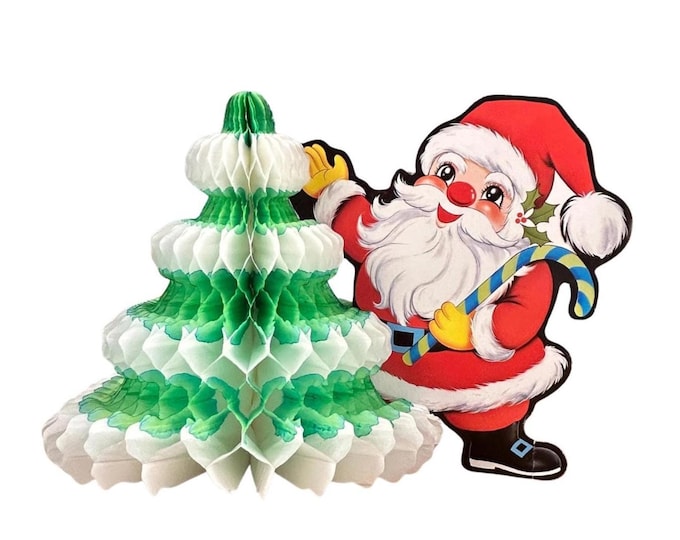 Vintage Honeycomb Paper Christmas Tree & Santa Decoration | Green and White Fold-Out Holiday Decor