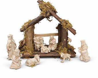 Vintage Enesco Nativity Set Ivory Look Figures w/Stable - Set 327158