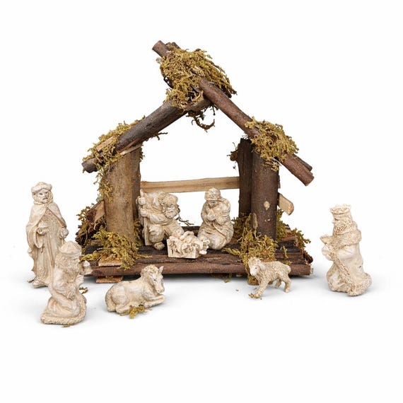 Vintage Enesco Nativity Set Ivory Look Figures w/Stable - Set 327158