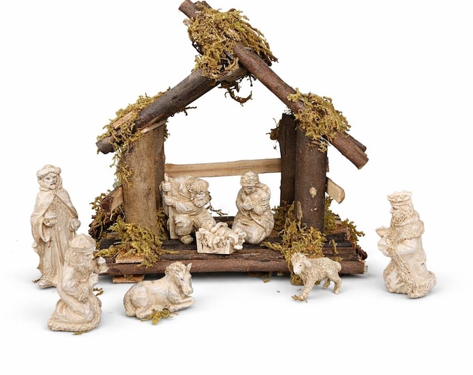Vintage Enesco Nativity Set Ivory Look Figures w/Stable - Set 327158