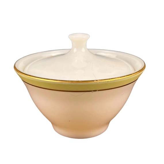 Vintage Pyrex Milk Glass Sugar Bowl with Lid | Green & Gold Band | 1952–1956