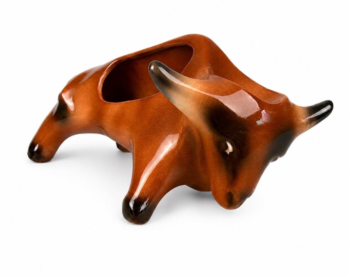 Vintage McCoy Pottery Bull Dresser Valet, Mid Century Modern Brown Drip Glaze Caddy