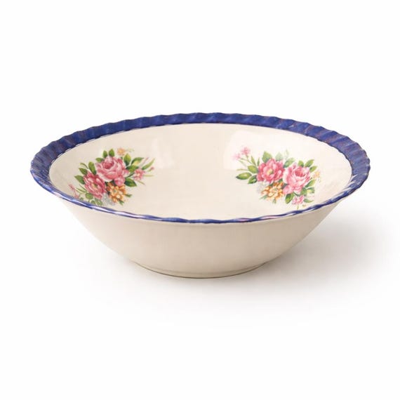 Vintage Yamatsu Japan Bowl: Blue Lusterware Pink Rose Floral Porcelain Serving Bowl