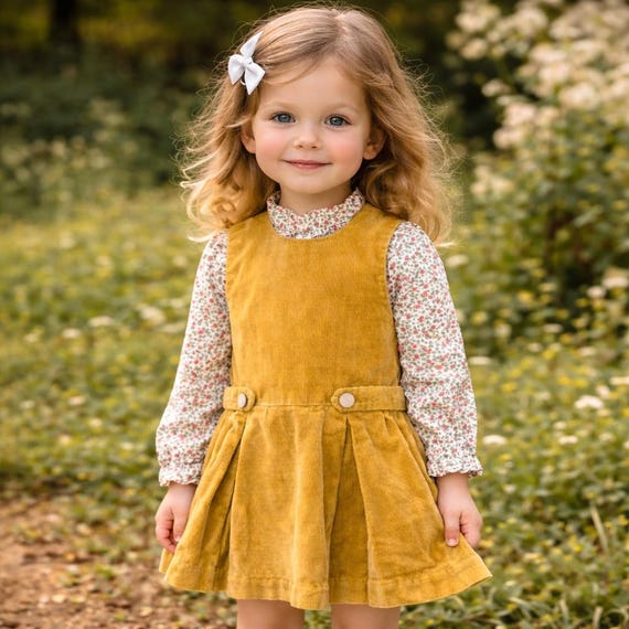 Girls Sunflower Yellow Corduroy Jumper Dress Floral Blouse Set Retro Outfit