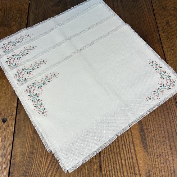 Handmade Vintage Embroidered Linens | Cross-Stitch Floral Table Linens | Fringed Edges