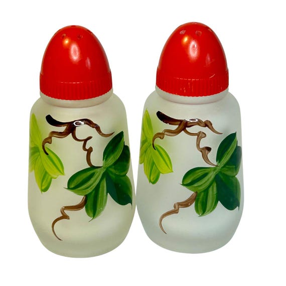 Vintage Anchor Hocking Salt & Pepper Shakers: Handpainted Ivy Floral Frosted Glass Set