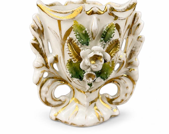 Antique Old Paris Porcelain Bridal Vase: White Gold Gilt Floral Spill Vase