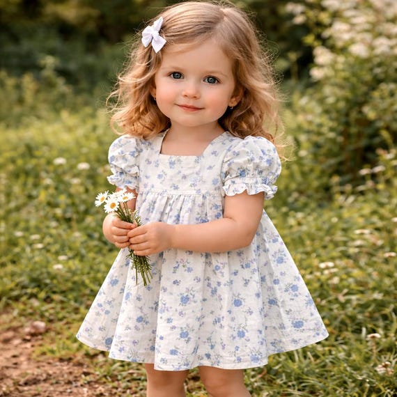 Vintage Blue Lavender Floral Child’s Dress – Lace Trim Puff Sleeve Cottagecore