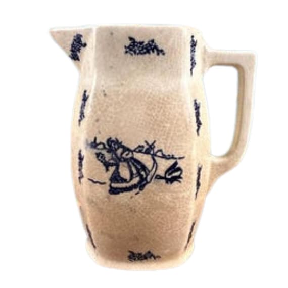 Antique Ironstone Pitcher, Blue Transferware Dutch Scene
