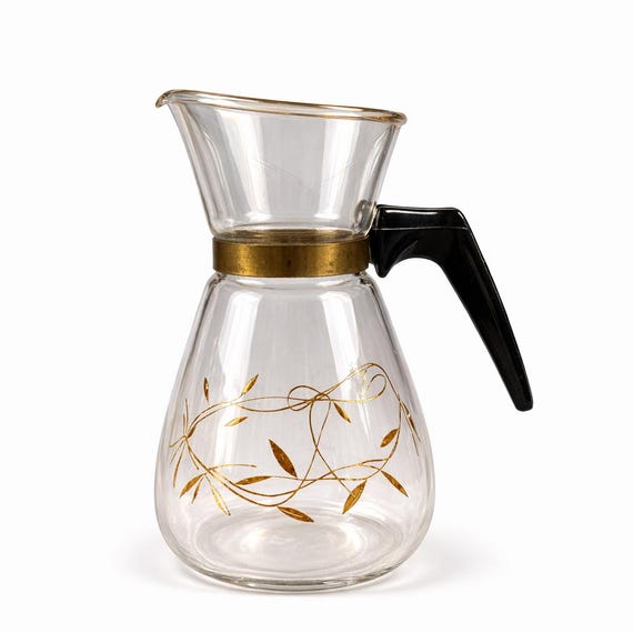 Vintage Tricolette Flameproof Glass Coffee Carafe 4-Cup — Mid-Century Heat-Proof Server with Gold Pinecone Design, Black Handle