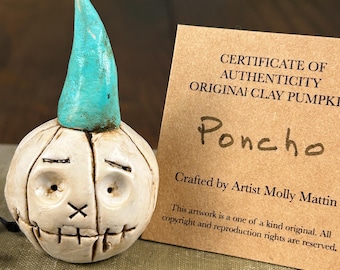 Hand-Crafted Clay Pumpkin Figurine: 'PONCHO' - Fall Halloween Decor Fall w/Certificate of Authenticity
