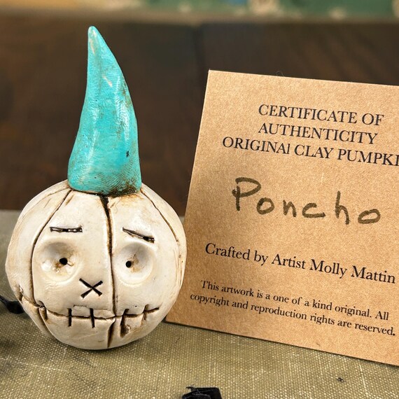 Hand-Crafted Clay Pumpkin Figurine: 'PONCHO' - Fall Halloween Decor Fall w/Certificate of Authenticity