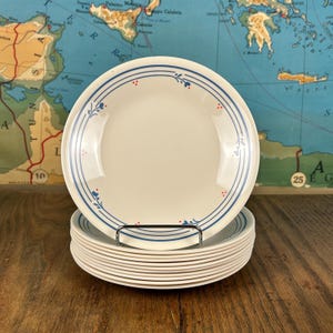 VTG Corning Corelle Country Violets 6.5&quot; Bread/Dessert/Salad Plates Blue Floral Red Dots, Vitrelle - SOLD INDIVIDUALLY