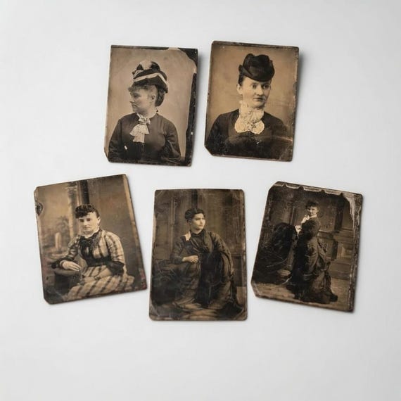 Set of Four (4) Antique Victorian Women Tintypes - Black and White Photo Portraits