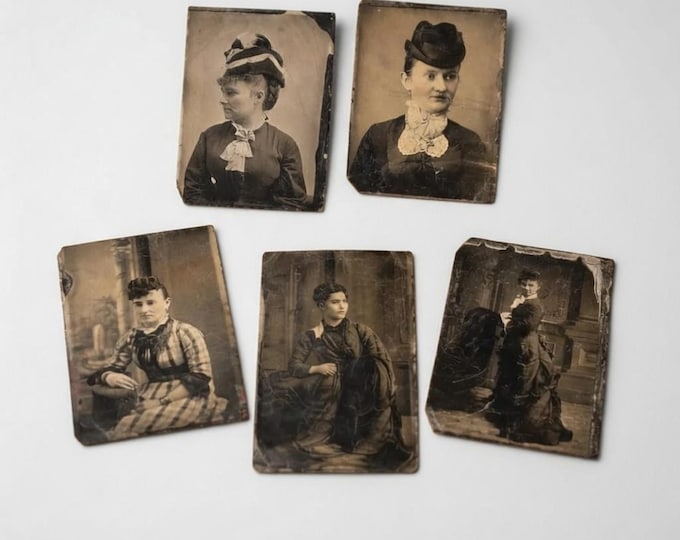 Set of Four (4) Antique Victorian Women Tintypes - Black and White Photo Portraits