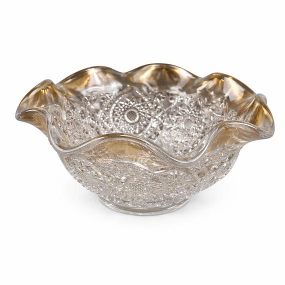 New Martinsville Horseshoe Medallion Glass Bowl – Clear Pressed Gold Rim Dish