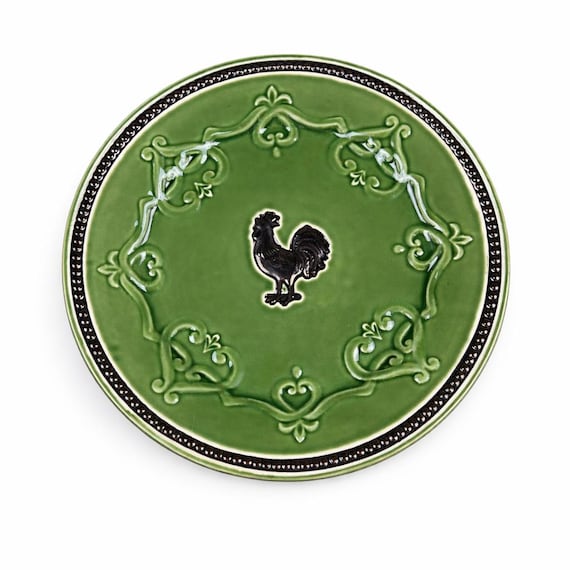 Vintage Cracker Barrel Elegant Rooster Dinner Plate | Green Stoneware | Discontinued Farmhouse Decor