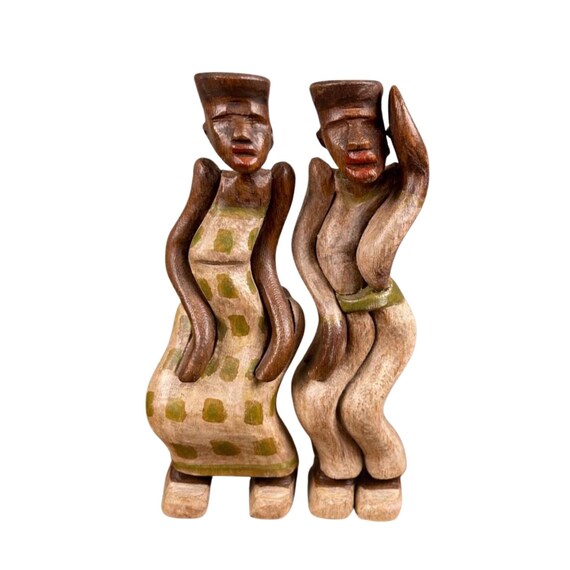 Vintage African Couple (Man/Woman) Tribal Figurines Carved Wooden Statue Signed by Artist