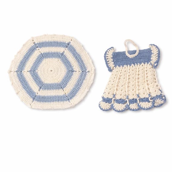 Vintage Crocheted Potholder Set, 50s Light Blue White Kitchen Decor