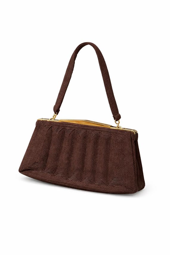 Chic 1950s Corde Evening Clutch: Timeless Brown Purse with Gold Detail