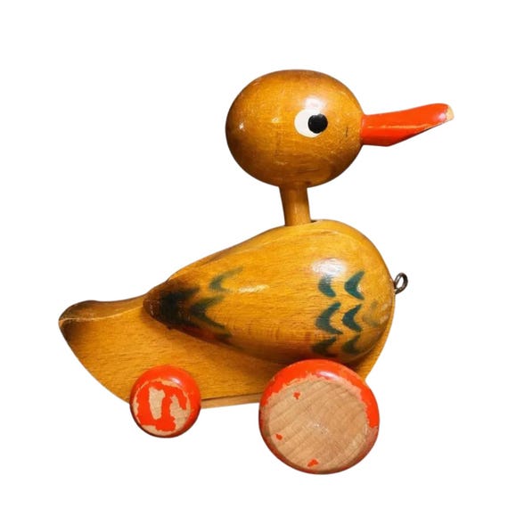 Vintage Czechoslovakia Wooden Pull Along Duck Toy, 1960s