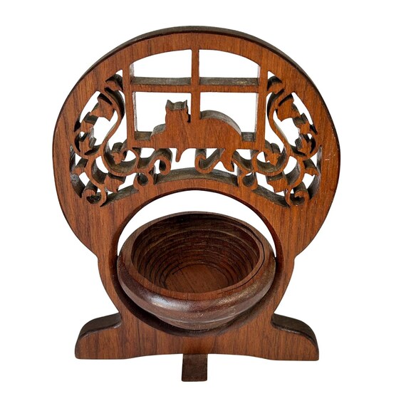 VTG, Teak Collapsible Basket, Laser Cut Cat Theme 1980s - Wedding Shower Gift! Cat Lover