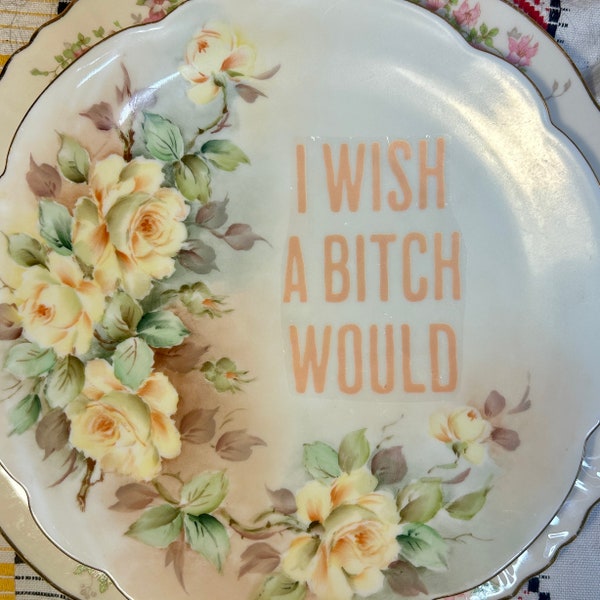 Handcrafted Upcycled Handpainted Bavaria China Vintage Plate 'I Wish a Bitch Would' Cottage Core Granny Chic Sassy Inappropriate Dirty Dish