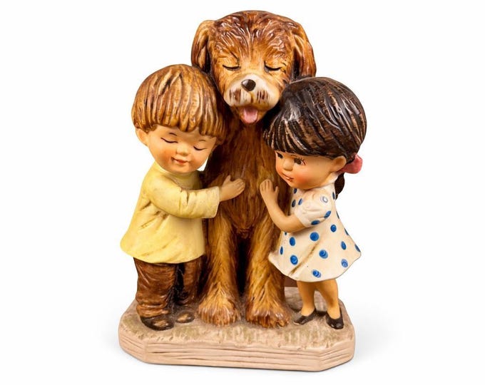 Vintage 1973 Moppets Figurine | Fran Mar for Gorham | Boy Girl & Dog | Made in Japan