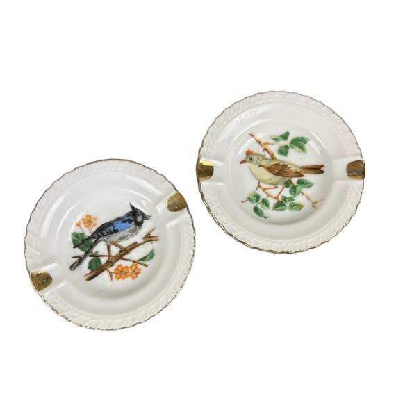 Set of 2 Vintage Handpainted Bird Porcelain Dishes - Japanese Trinket & Ashtray Decor