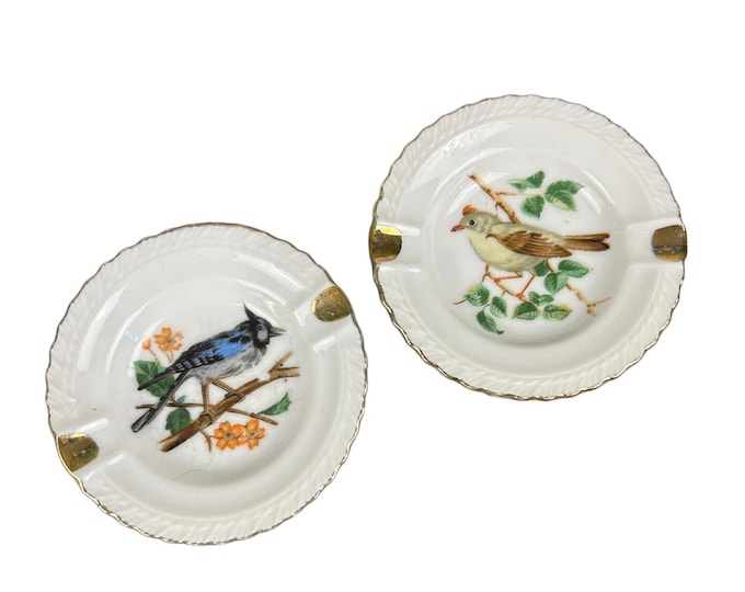 Set of 2 Vintage Handpainted Bird Porcelain Dishes - Japanese Trinket & Ashtray Decor