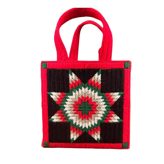 Vintage Handmade Christmas  Embroidered and Lined Plastic Canvas Gift Bag