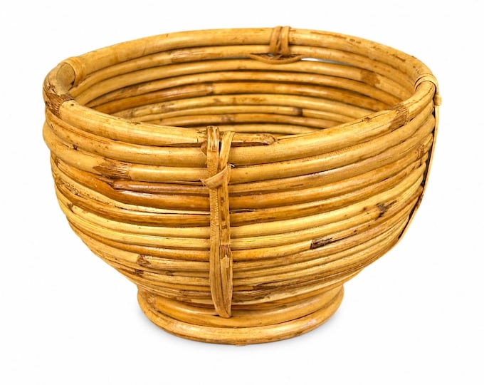 Vintage Gabriella Crespi Style Bamboo Rattan Bowl: Italian Hollywood Regency Pedestal Basket